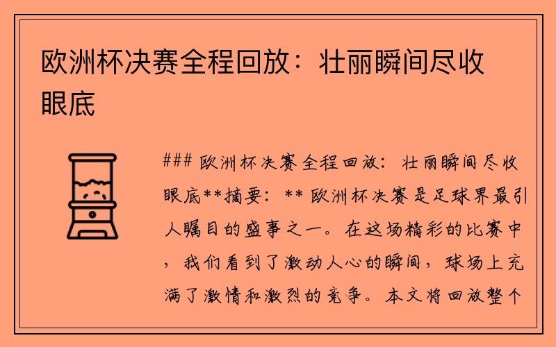 欧洲杯决赛全程回放：壮丽瞬间尽收眼底